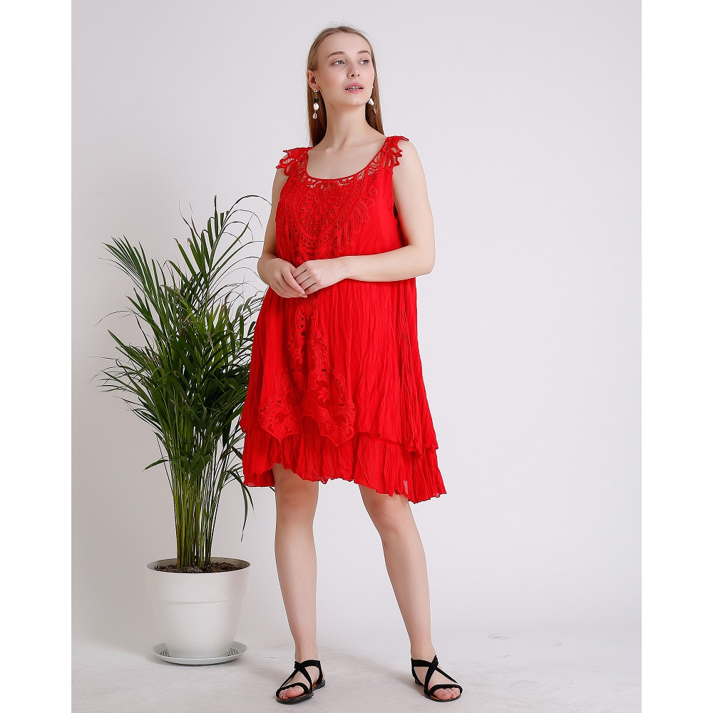 Dantel Detaylı Kırmızı Kolsuz Mini Elbise
