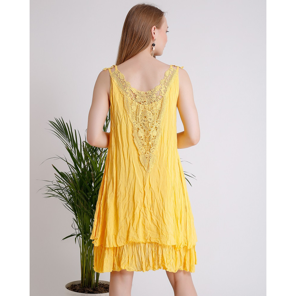 Dantel Detaylı Sarı Kolsuz Mini Elbise