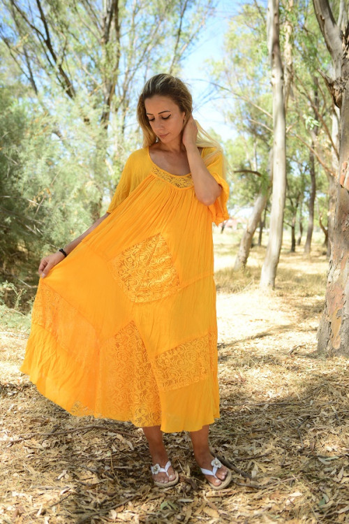 Kısa Kollu Dantel Detaylı Midi Sarı Elbise
