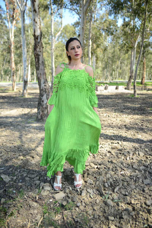 İp Askılı Omuzları Açık Dantel Detaylı Elbise - Fıstık Yeşili