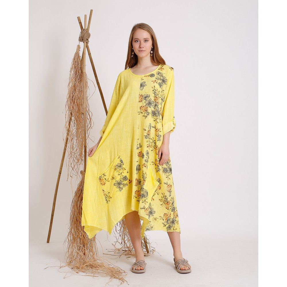 Çiçek Desenli Sarı Uzun Kollu Elbise