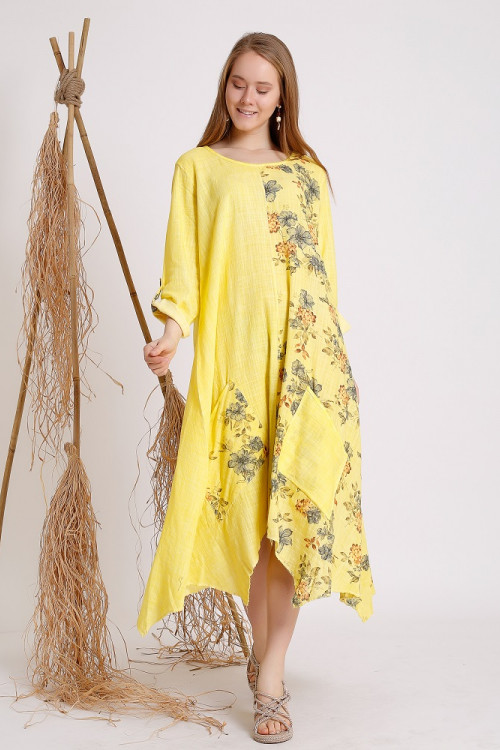 Çiçek Desenli Sarı Uzun Kollu Elbise 
