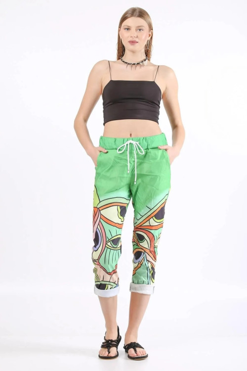 Kadın Yeşil İtalyan Göz Desenli Likralı Dar Paça Pantolon